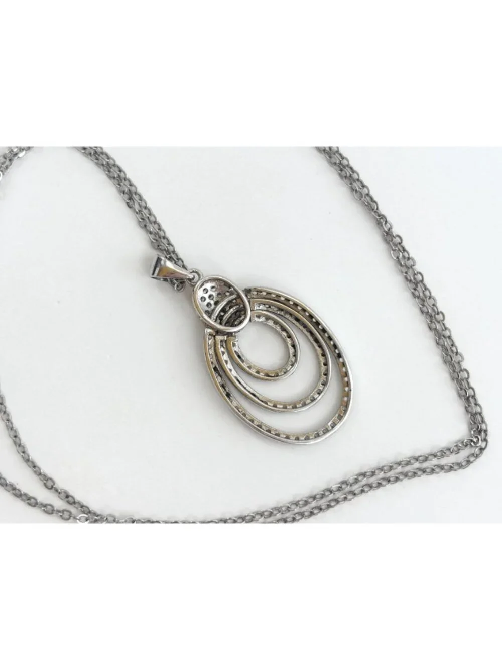 Triple Oval Sterling Silver Pave Bridal 925 Vintage Pendant Necklace - 18